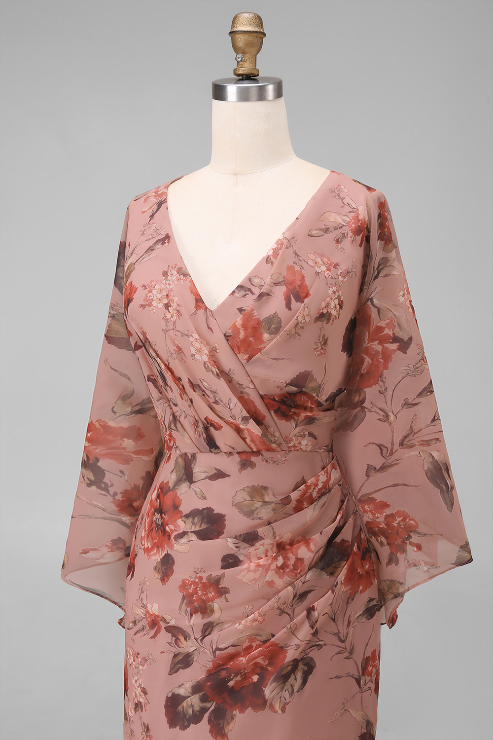 Dusty Rose Floral V Neck Sheath Long Chiffon Wedding Guest Dress with Pockets