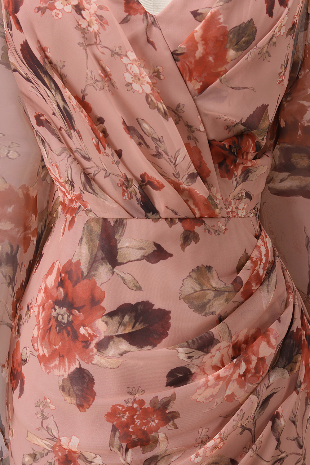 Dusty Rose Floral V Neck Sheath Long Chiffon Wedding Guest Dress with Pockets