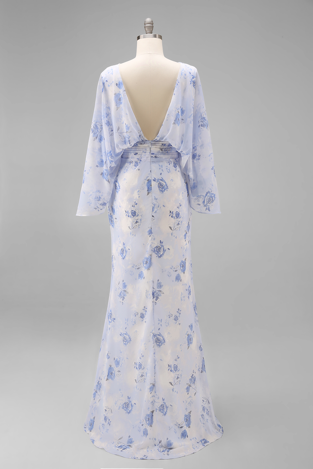 Light Blue Floral Sheath Ruched Long Wedding Guest Dress with Pockets