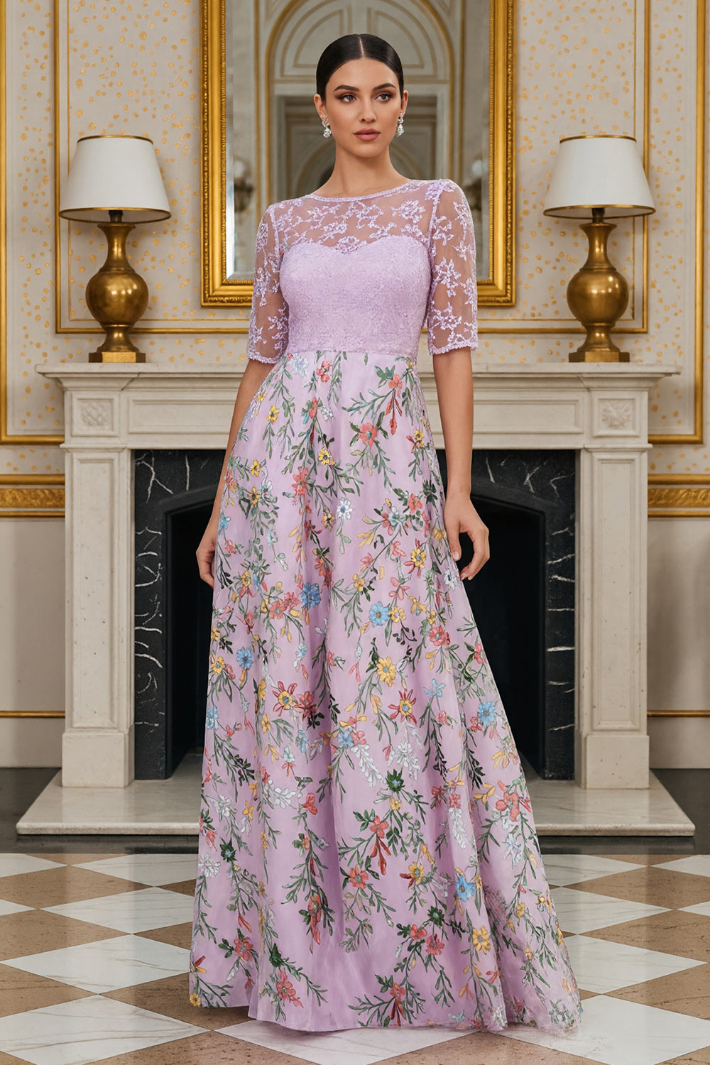 Floral Dusty Rose Lace A Line Long Wedding Guest Dress with Sleeves