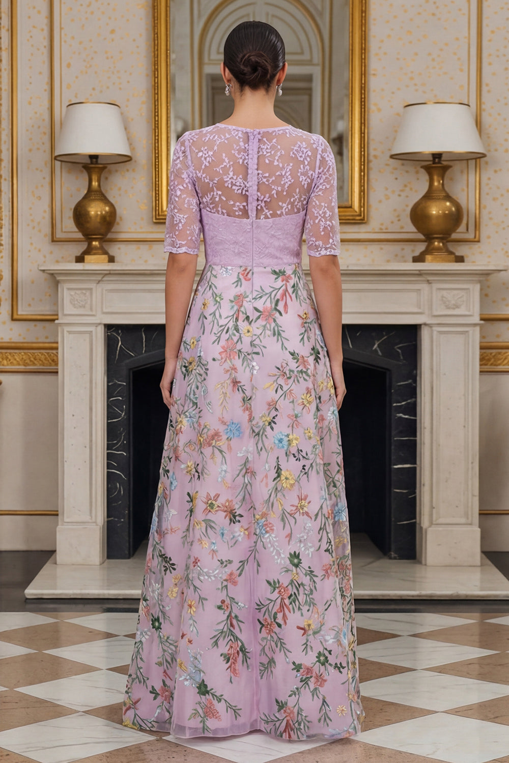 Floral Dusty Rose Lace A Line Long Wedding Guest Dress with Sleeves