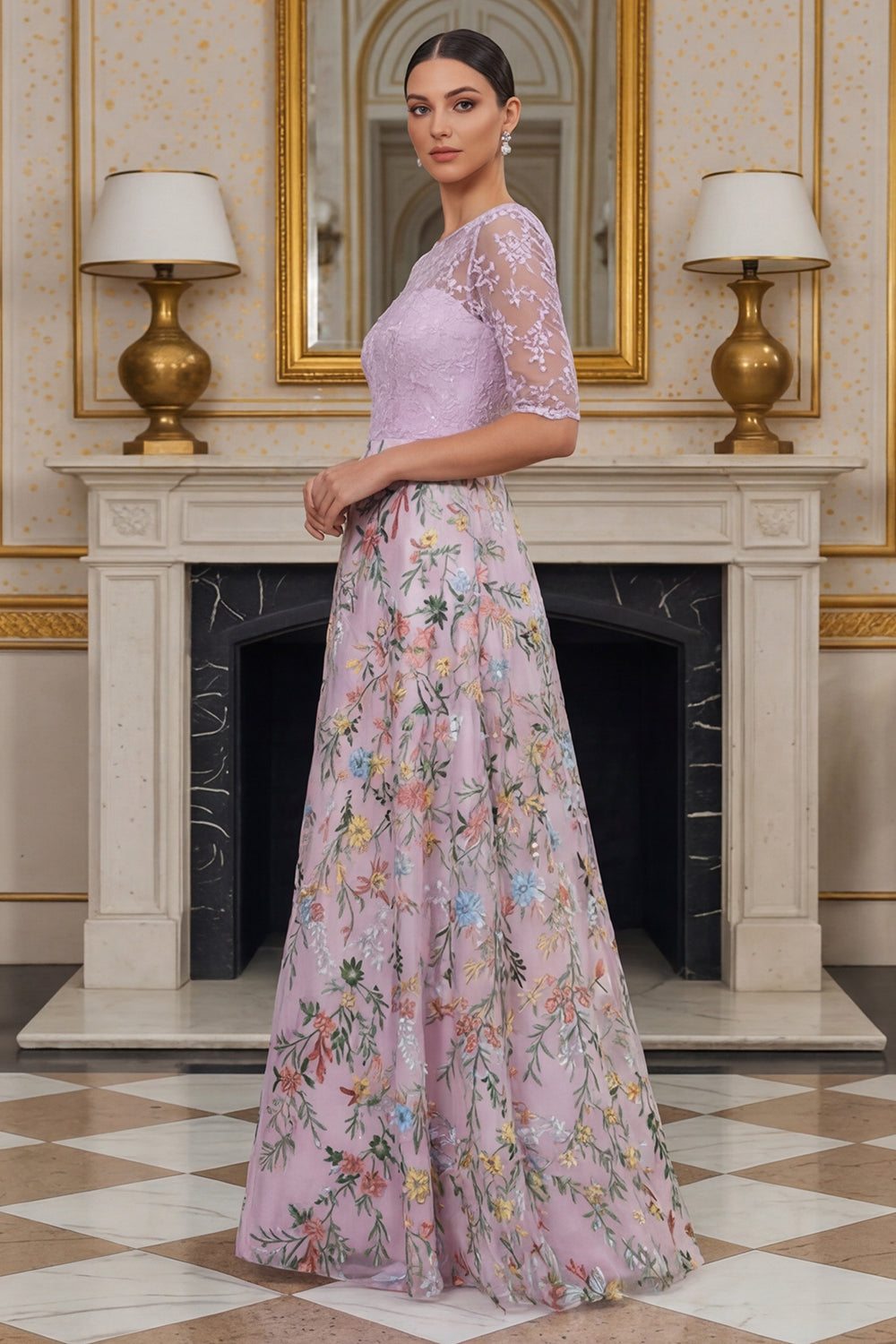 Floral Dusty Rose Lace A Line Long Wedding Guest Dress with Sleeves