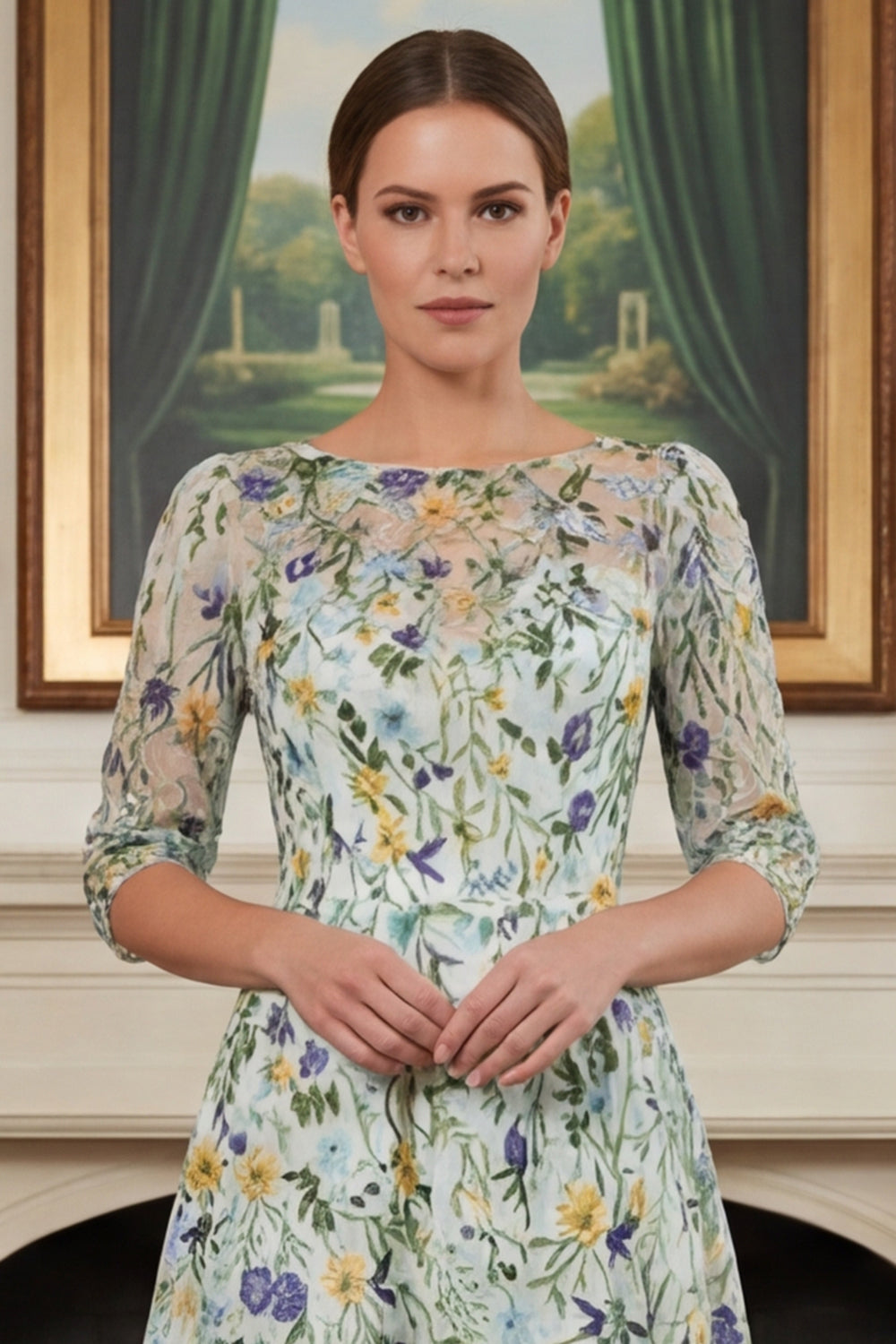 Floral Green Lace A Line Long Sleeves Wedding Guest Dress