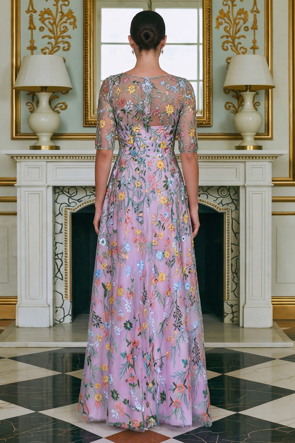 Floral Green Lace A Line Long Sleeves Wedding Guest Dress