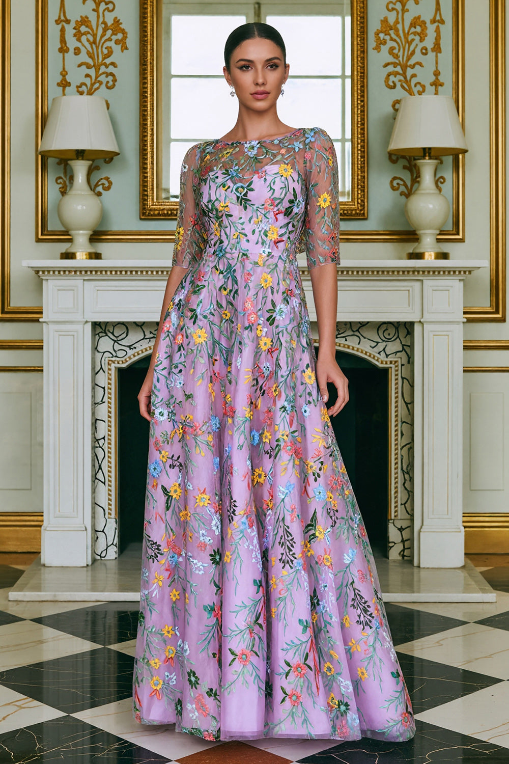 Floral Green Lace A Line Long Sleeves Wedding Guest Dress