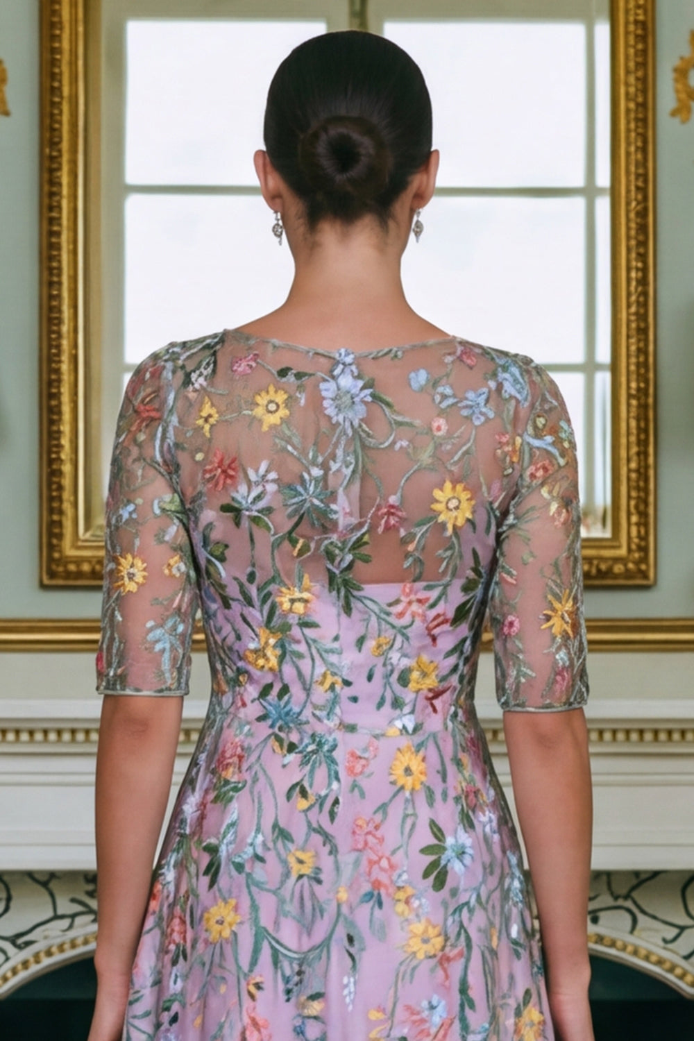 Floral Green Lace A Line Long Sleeves Wedding Guest Dress