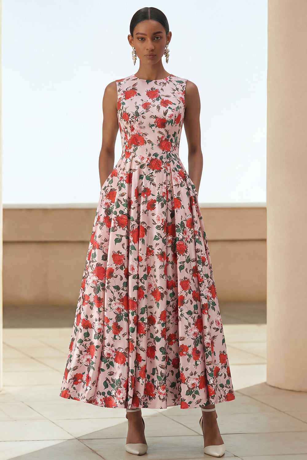 Pink Red A Line Round Neck Long Floral Wedding Guest Dress