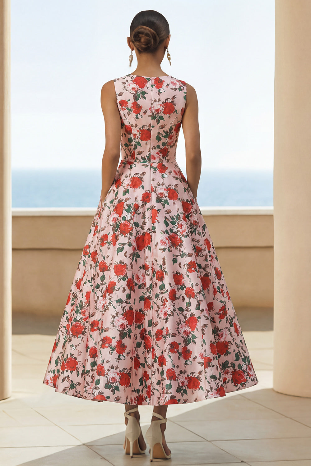 Pink Red A Line Round Neck Long Floral Wedding Guest Dress