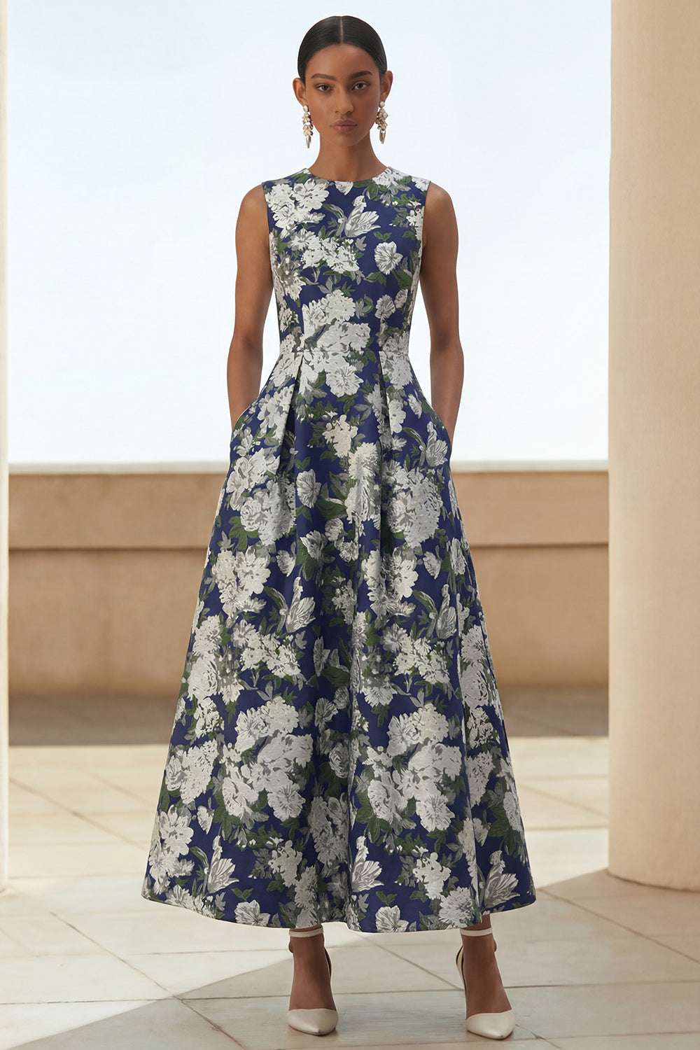 Navy A Line Round Neck Long Floral Wedding Guest Dress