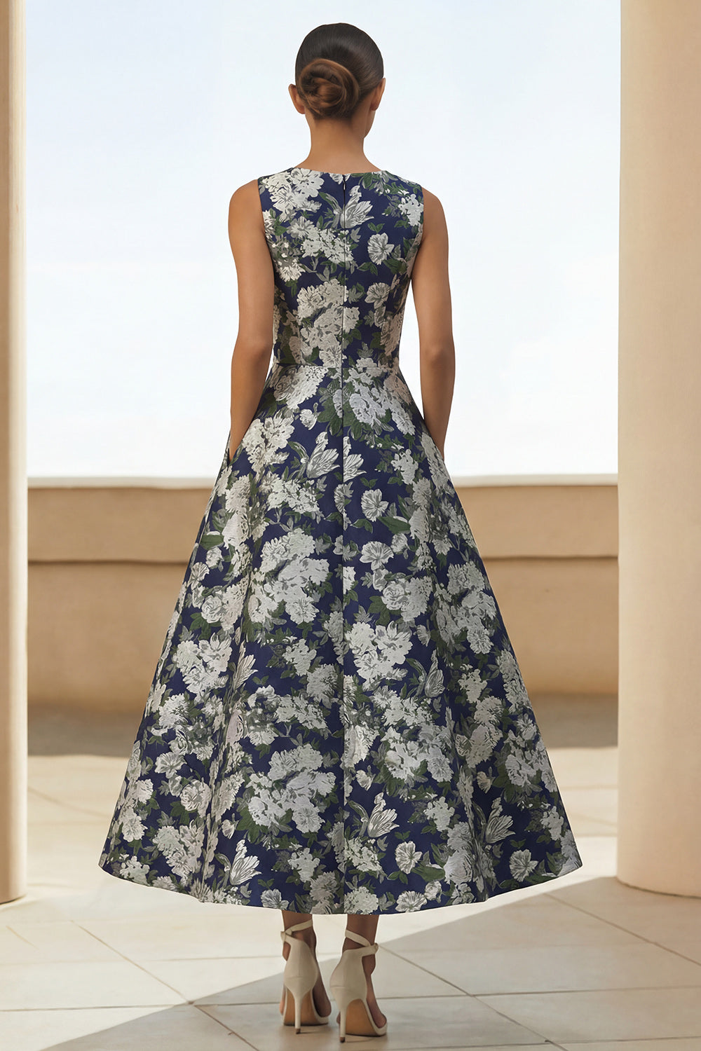Navy A Line Round Neck Long Floral Wedding Guest Dress