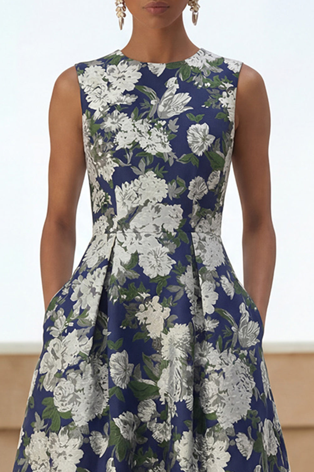 Navy A Line Round Neck Long Floral Wedding Guest Dress