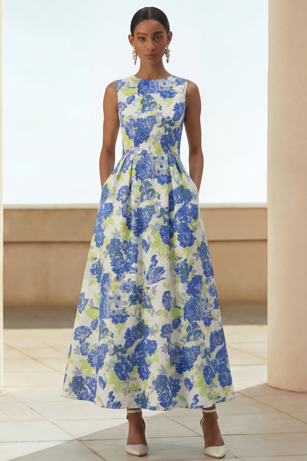 Blue Daffodil Round Neck A Line Long Floral Wedding Guest Dress