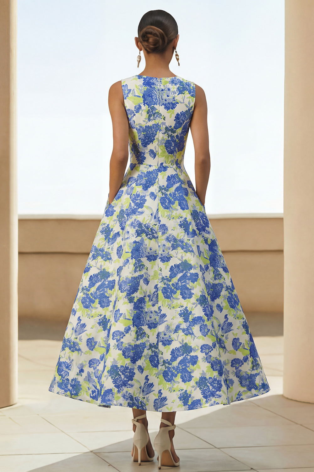 Blue Daffodil Round Neck A Line Long Floral Wedding Guest Dress