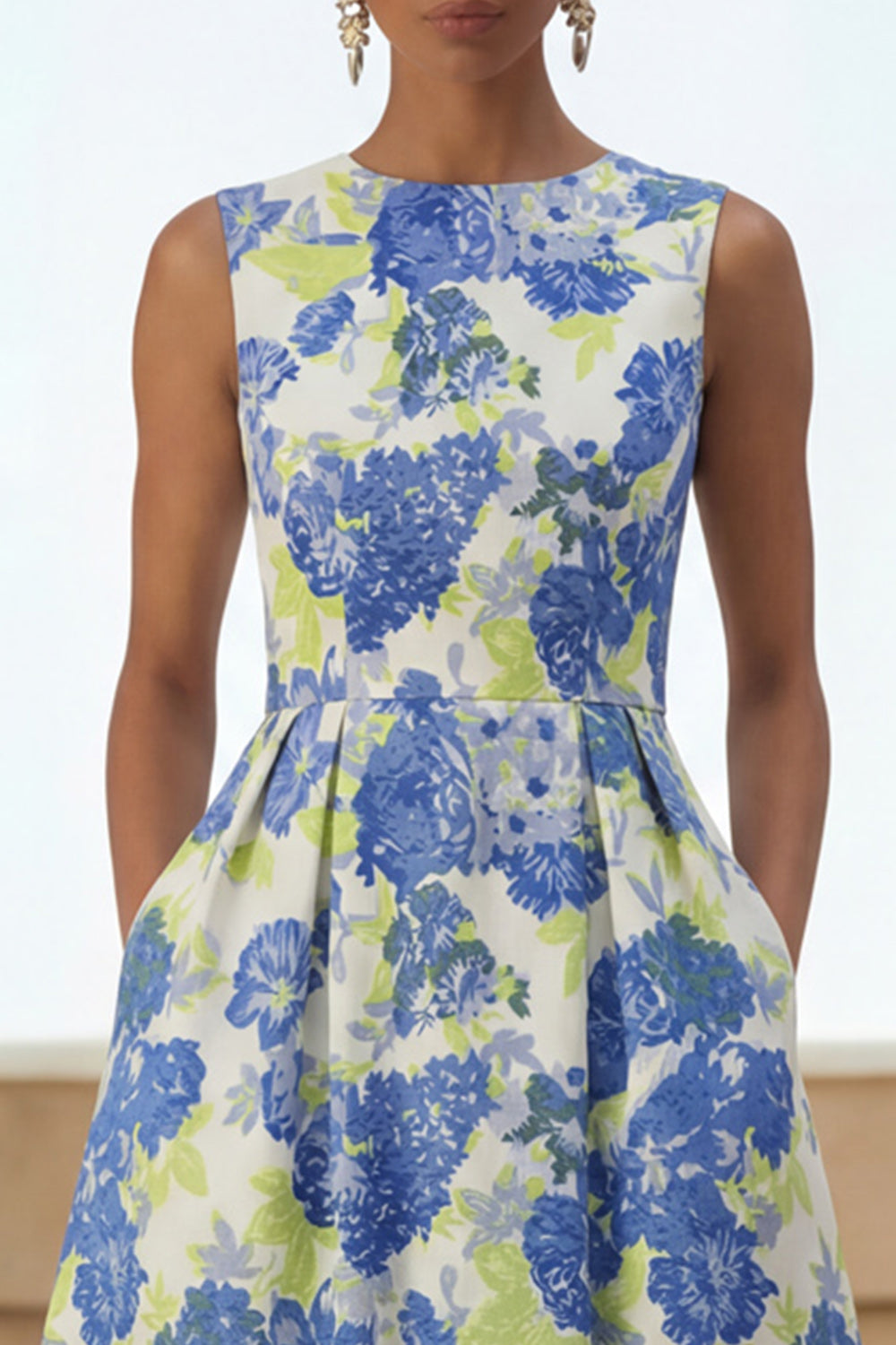 Blue Daffodil Round Neck A Line Long Floral Wedding Guest Dress