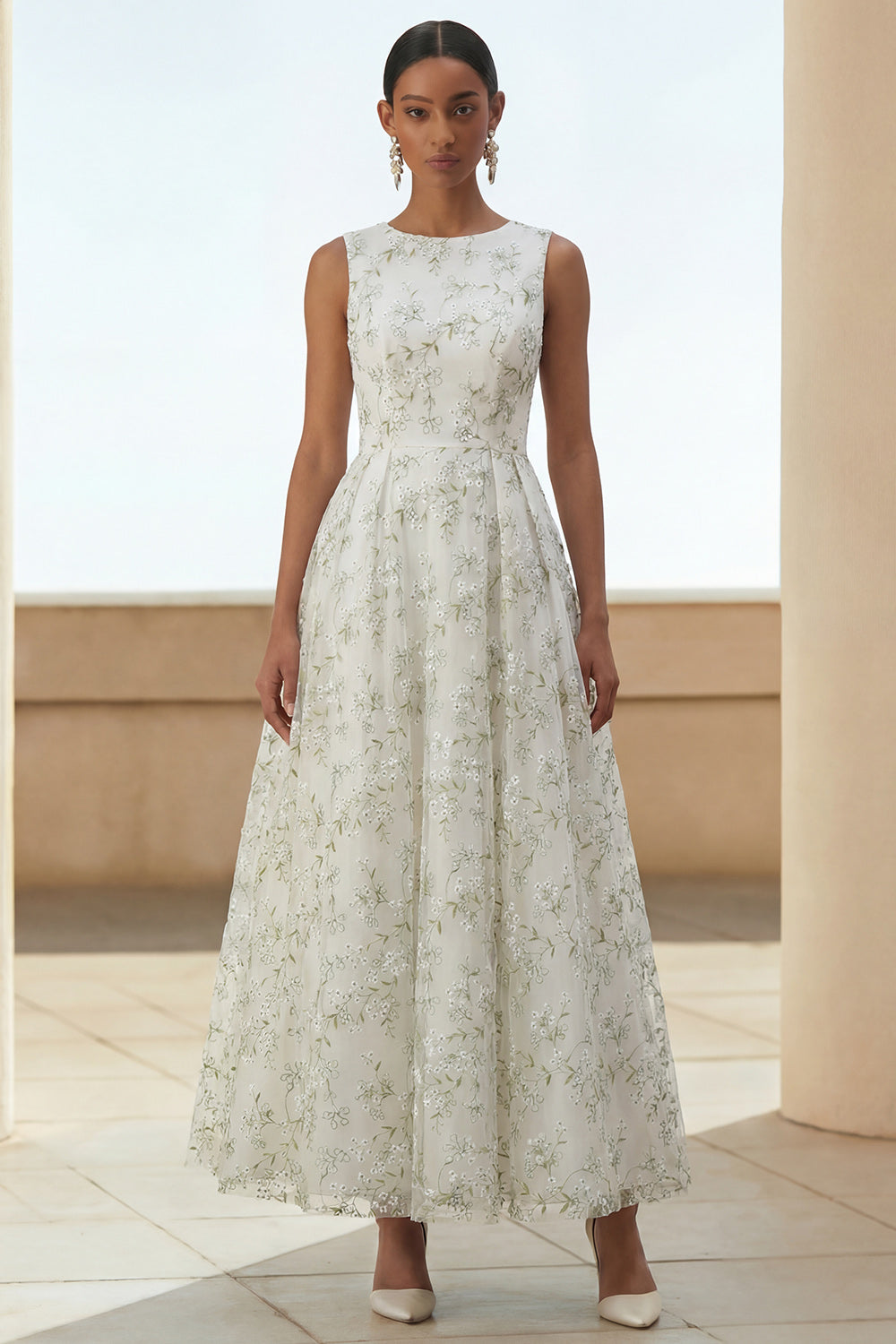 Light Green Floral Round Neck Long A Line Wedding Guest Dress