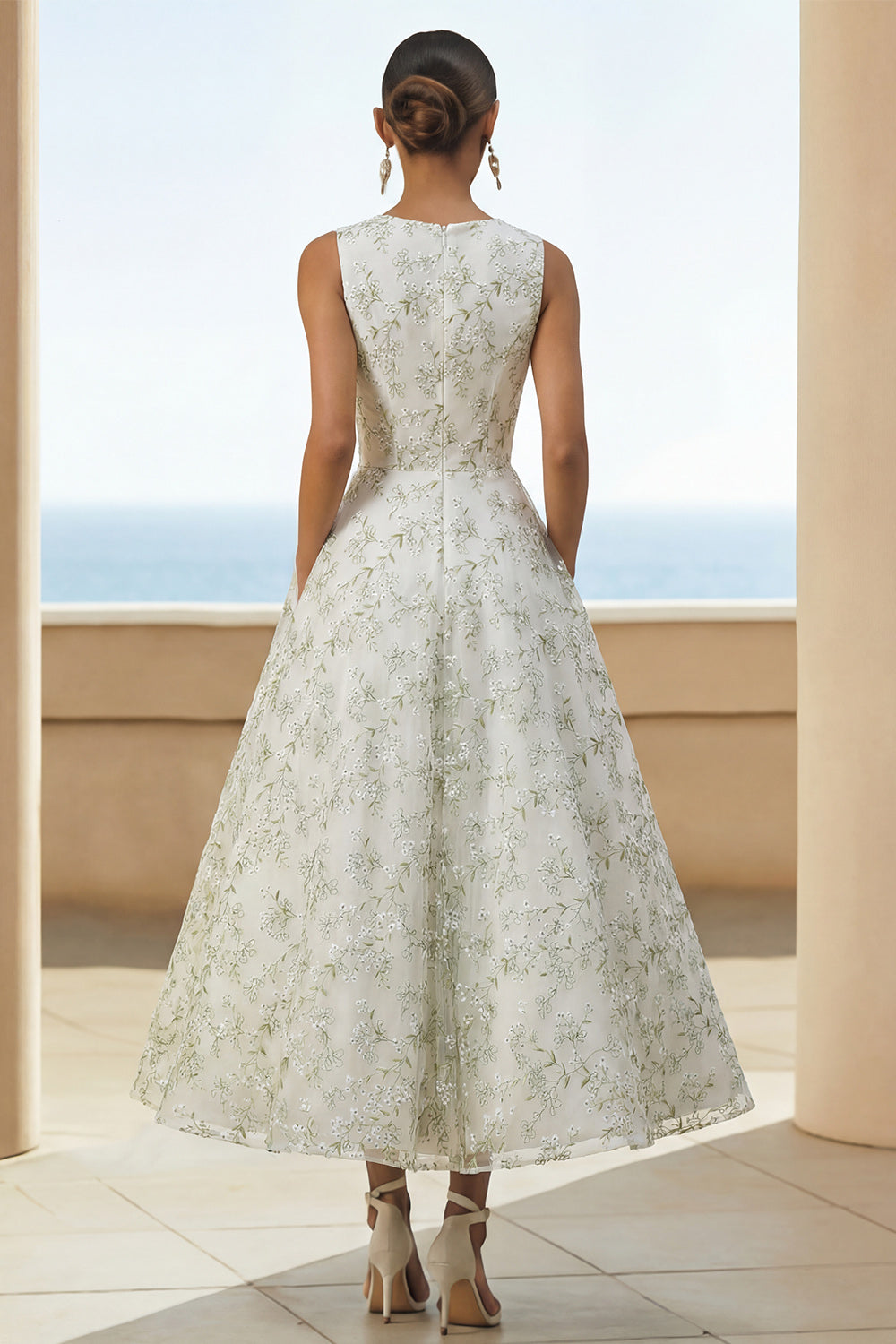 Light Green Floral Round Neck Long A Line Wedding Guest Dress