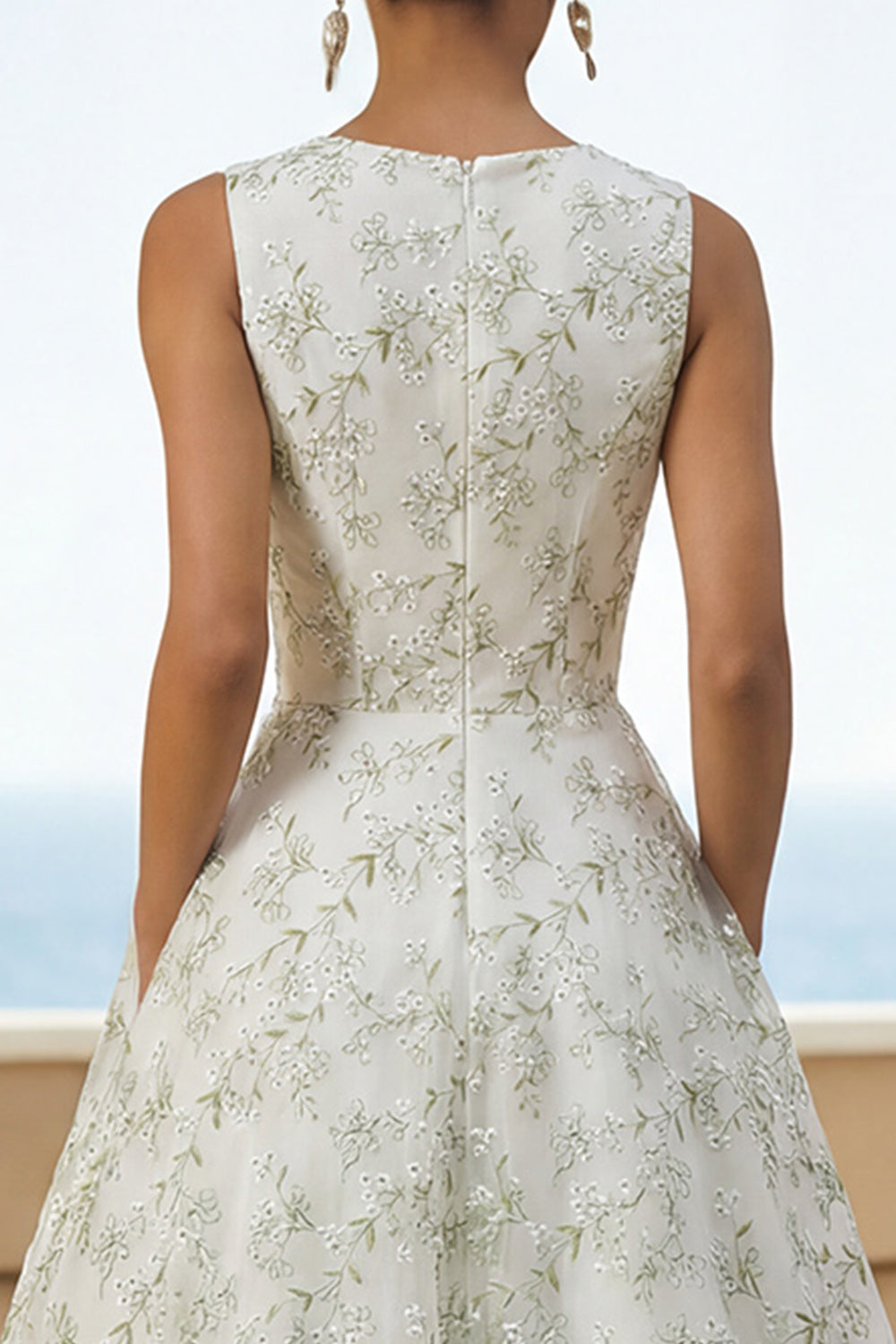 Light Green Floral Round Neck Long A Line Wedding Guest Dress