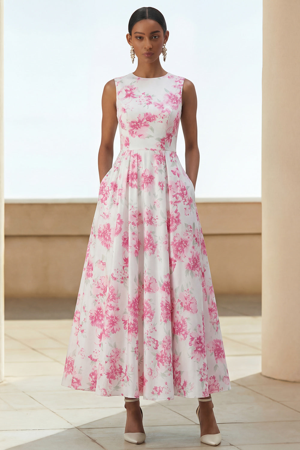 White Fuchsia Flower Round Neck A Line Long Wedding Guest Dress with Pockets