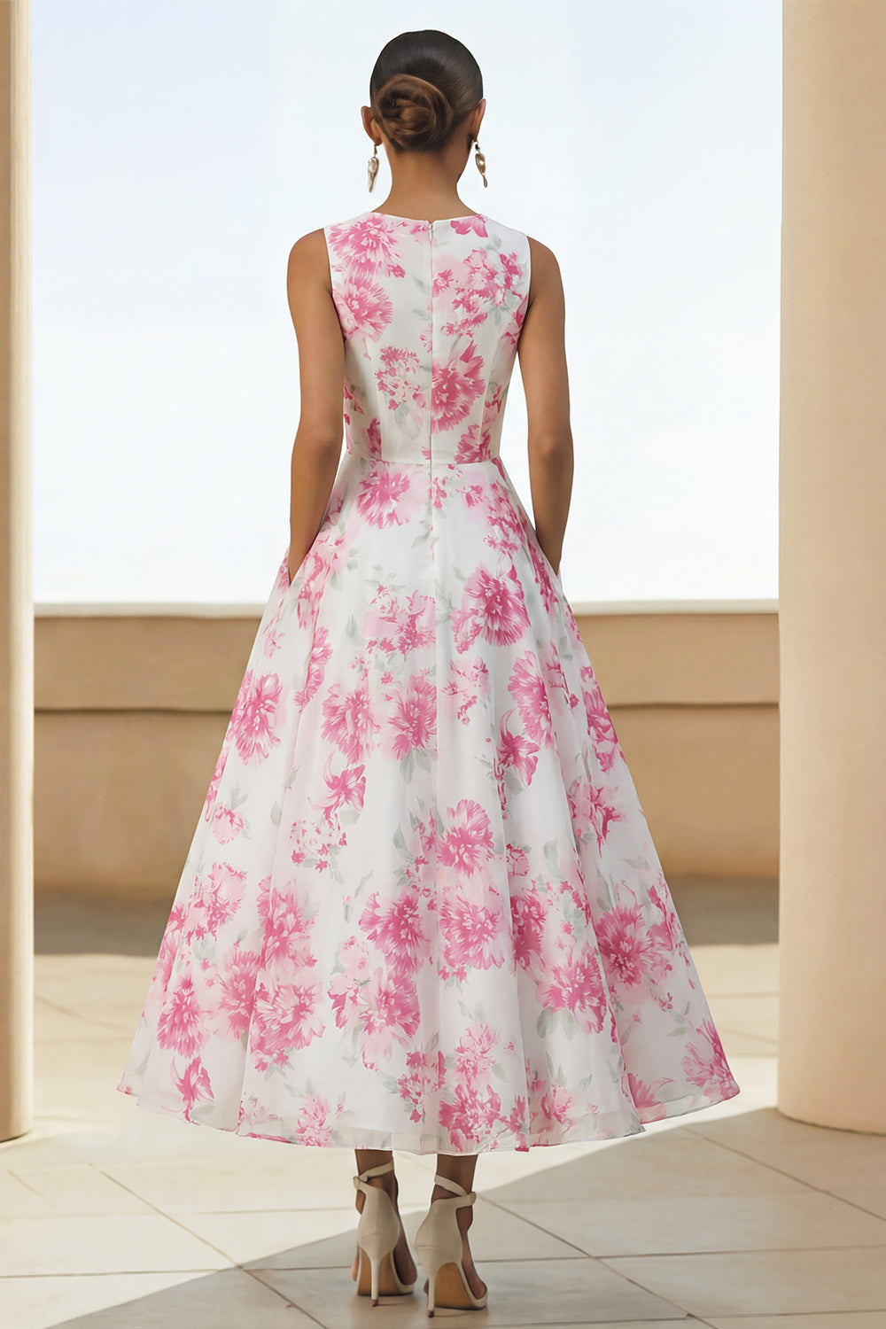 White Fuchsia Flower Round Neck A Line Long Wedding Guest Dress with Pockets
