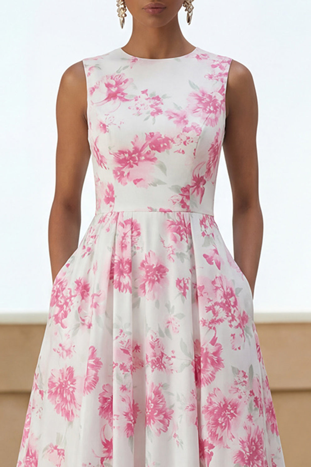 White Fuchsia Flower Round Neck A Line Long Wedding Guest Dress with Pockets