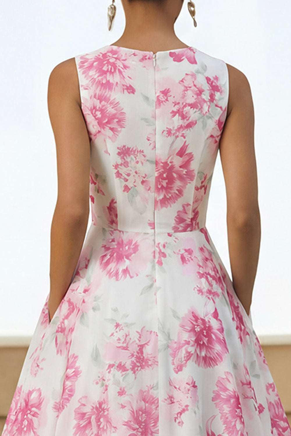 White Fuchsia Flower Round Neck A Line Long Wedding Guest Dress with Pockets