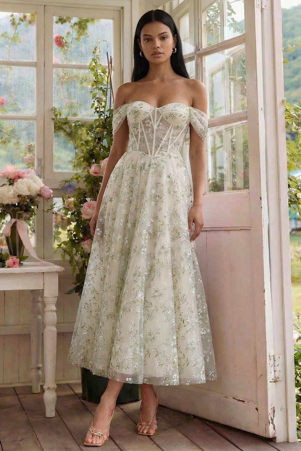 Light Green Floral Off the Shoulder Corset Long A Line Wedding Guest Dress