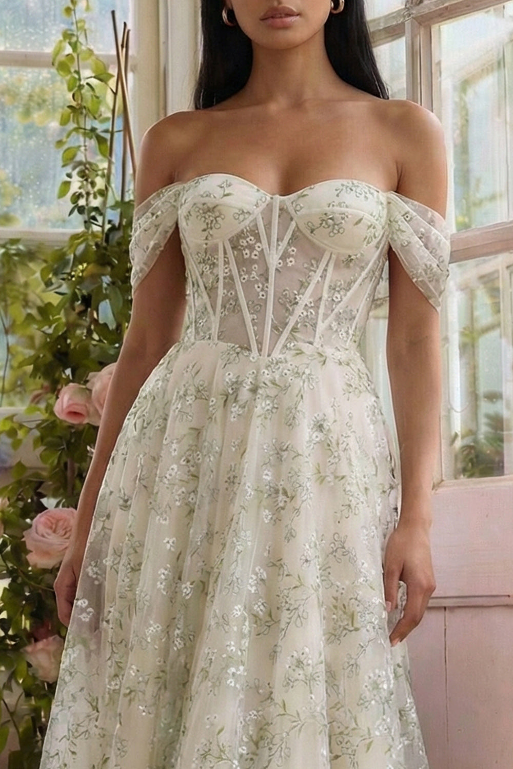 Light Green Floral Off the Shoulder Corset Long A Line Wedding Guest Dress