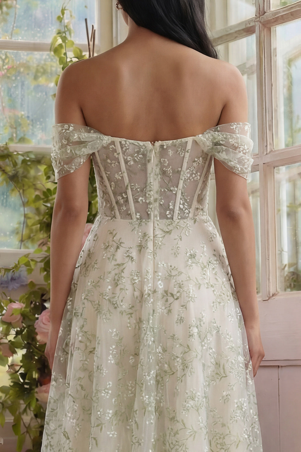 Light Green Floral Off the Shoulder Corset Long A Line Wedding Guest Dress