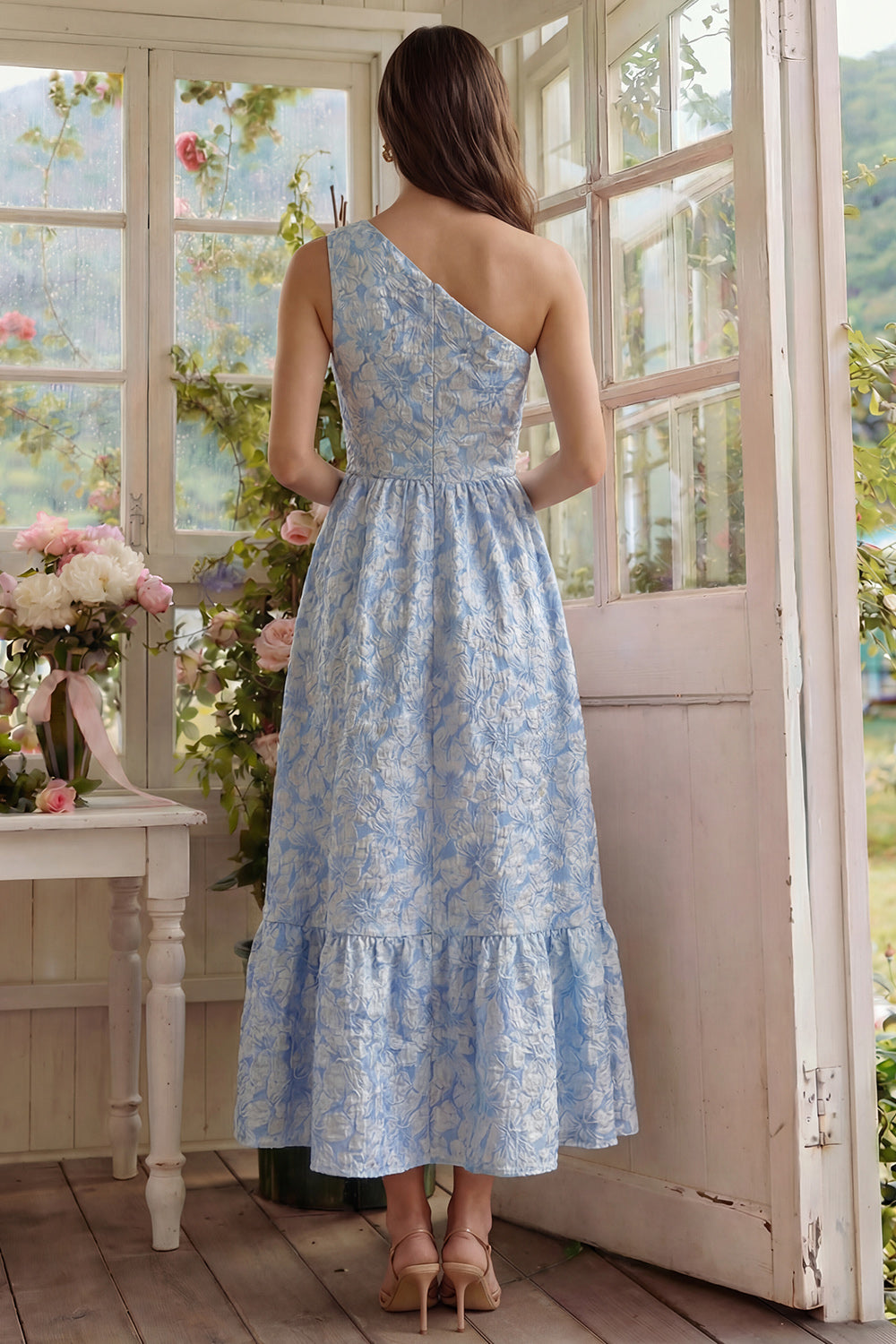 Blue Floral One Shoulder Long A Line Wedding Guest Dress