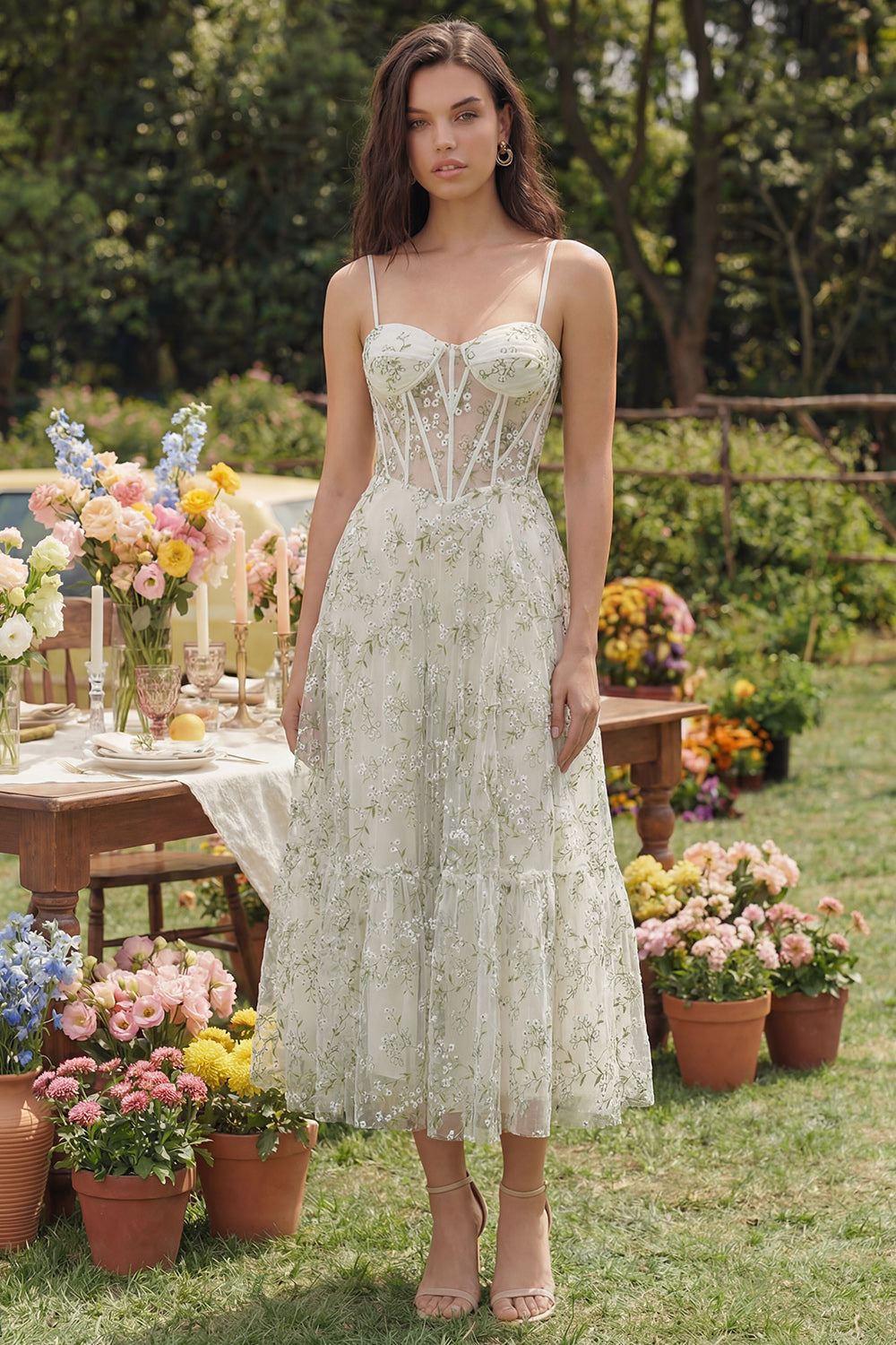 Light Green Floral A Line Spaghetti Straps Long Corset Wedding Guest Dress