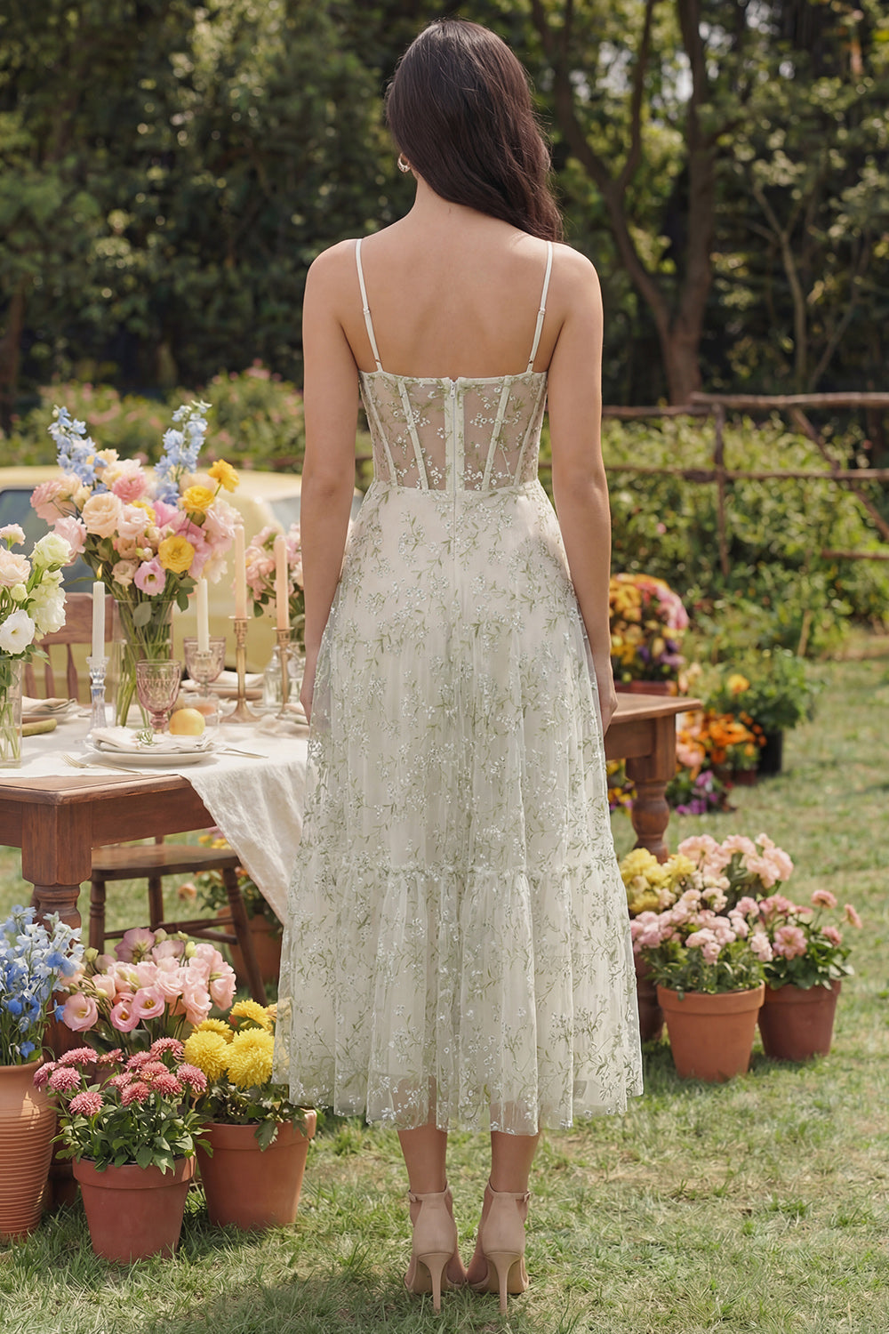 Light Green Floral A Line Spaghetti Straps Long Corset Wedding Guest Dress