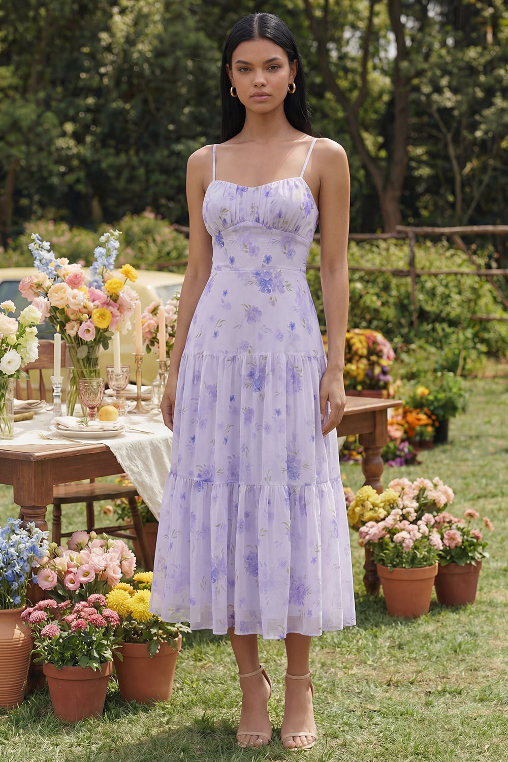 Lilac Floral Spaghetti Straps A Line Long Wedding Guest Dress