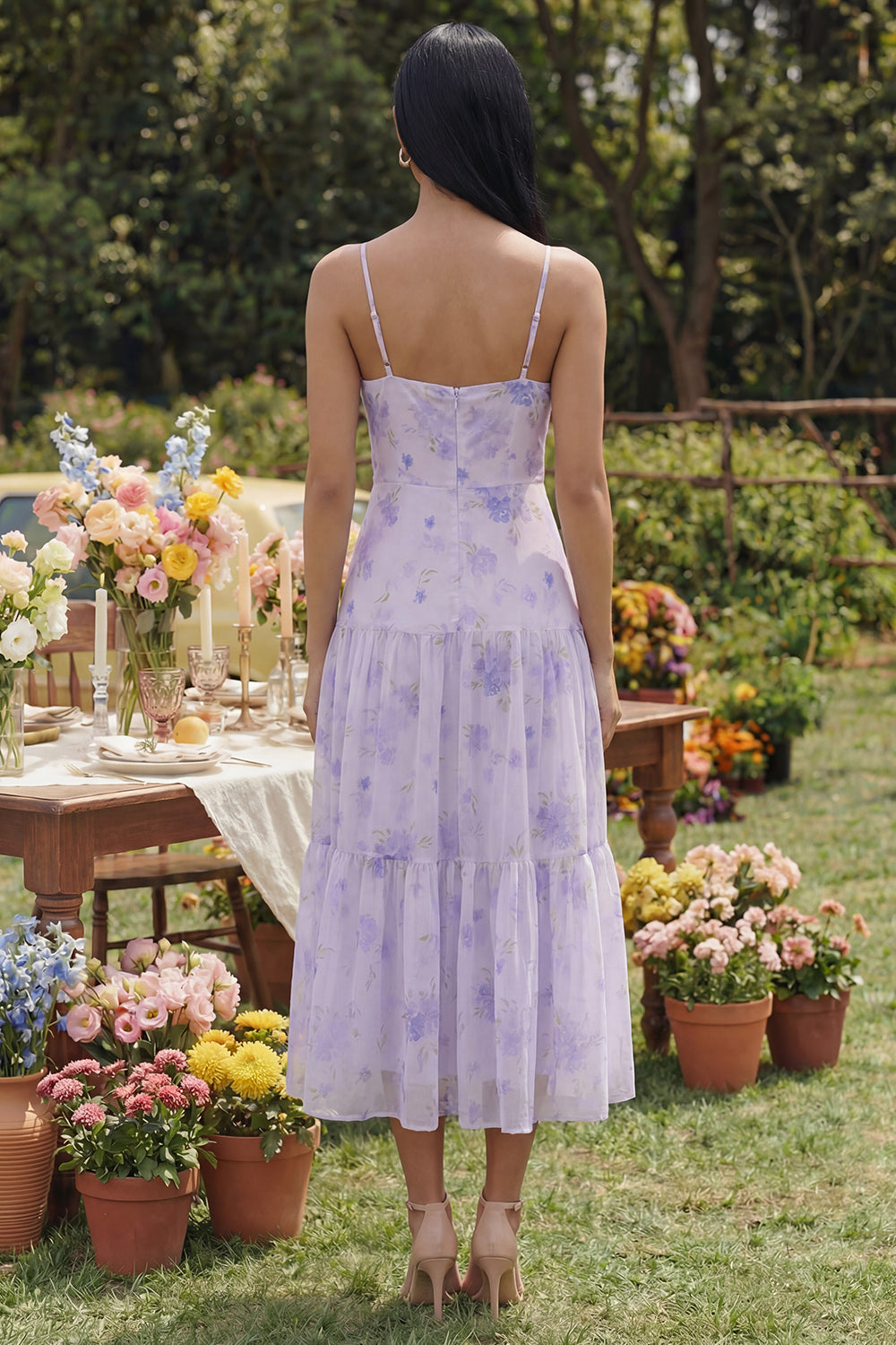 Lilac Floral Spaghetti Straps A Line Long Wedding Guest Dress