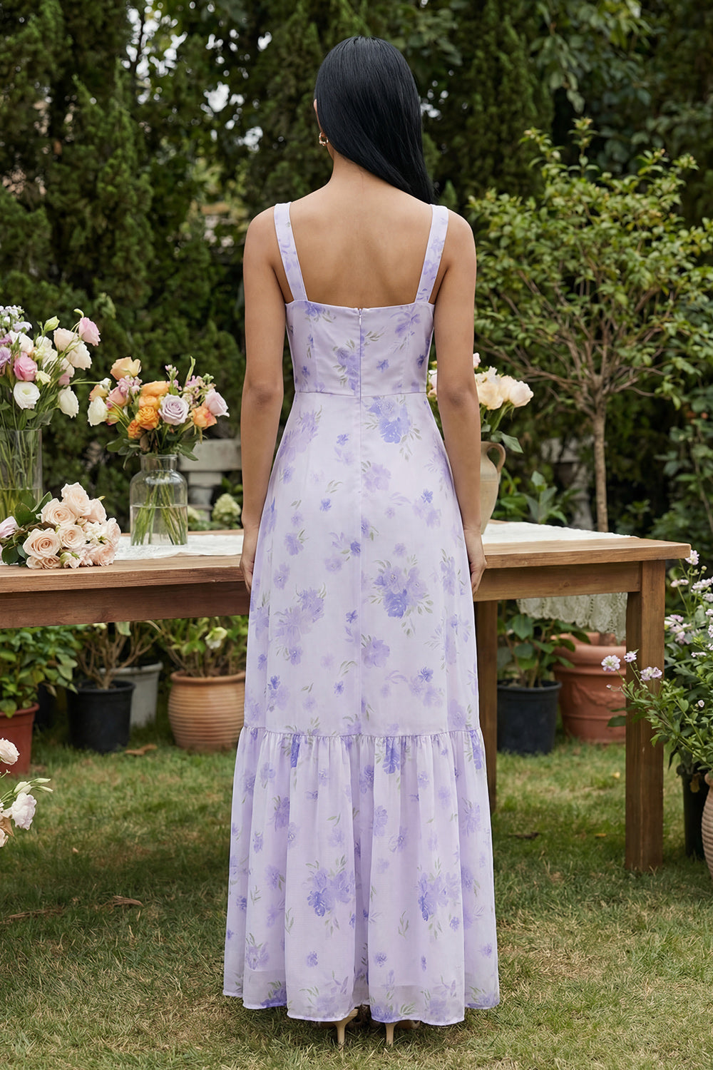 Lilac Square Neck A Line Floral Long Wedding Guest Dress with Slit