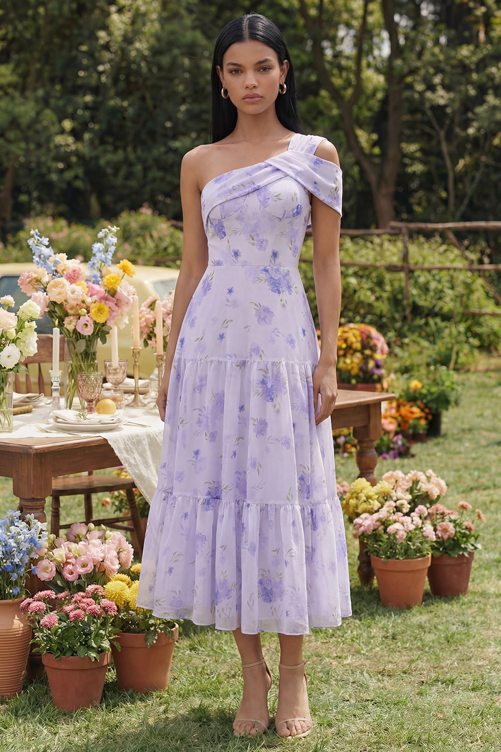 Lilac Floral One Shoulder A Line Long Wedding Guest Dress