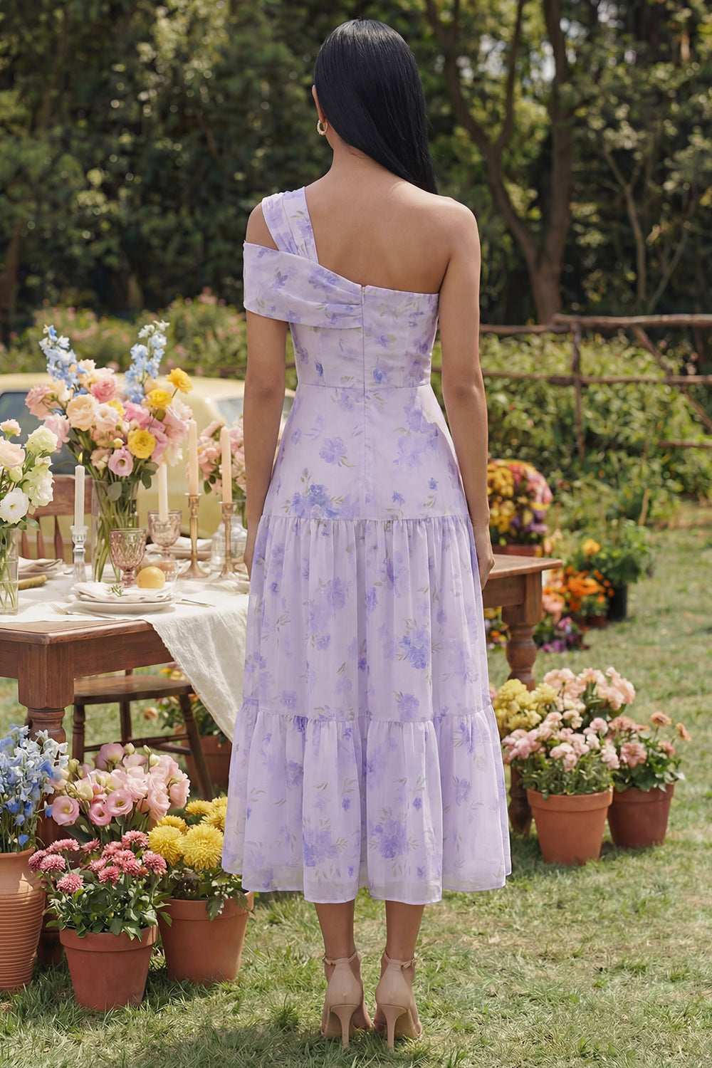 Lilac Floral One Shoulder A Line Long Wedding Guest Dress