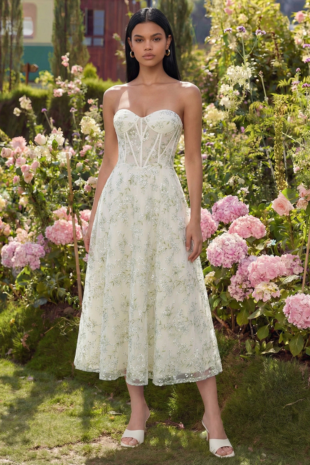 Light Green Sweetheart A Line Long Corset Floral Wedding Guest Dress