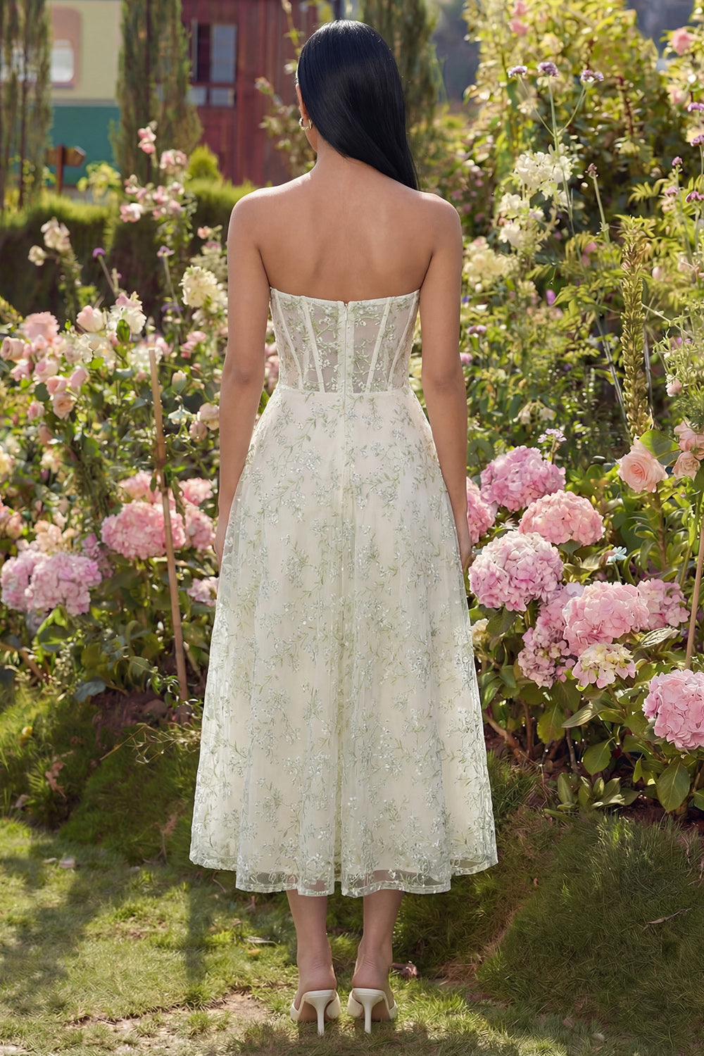Light Green Sweetheart A Line Long Corset Floral Wedding Guest Dress