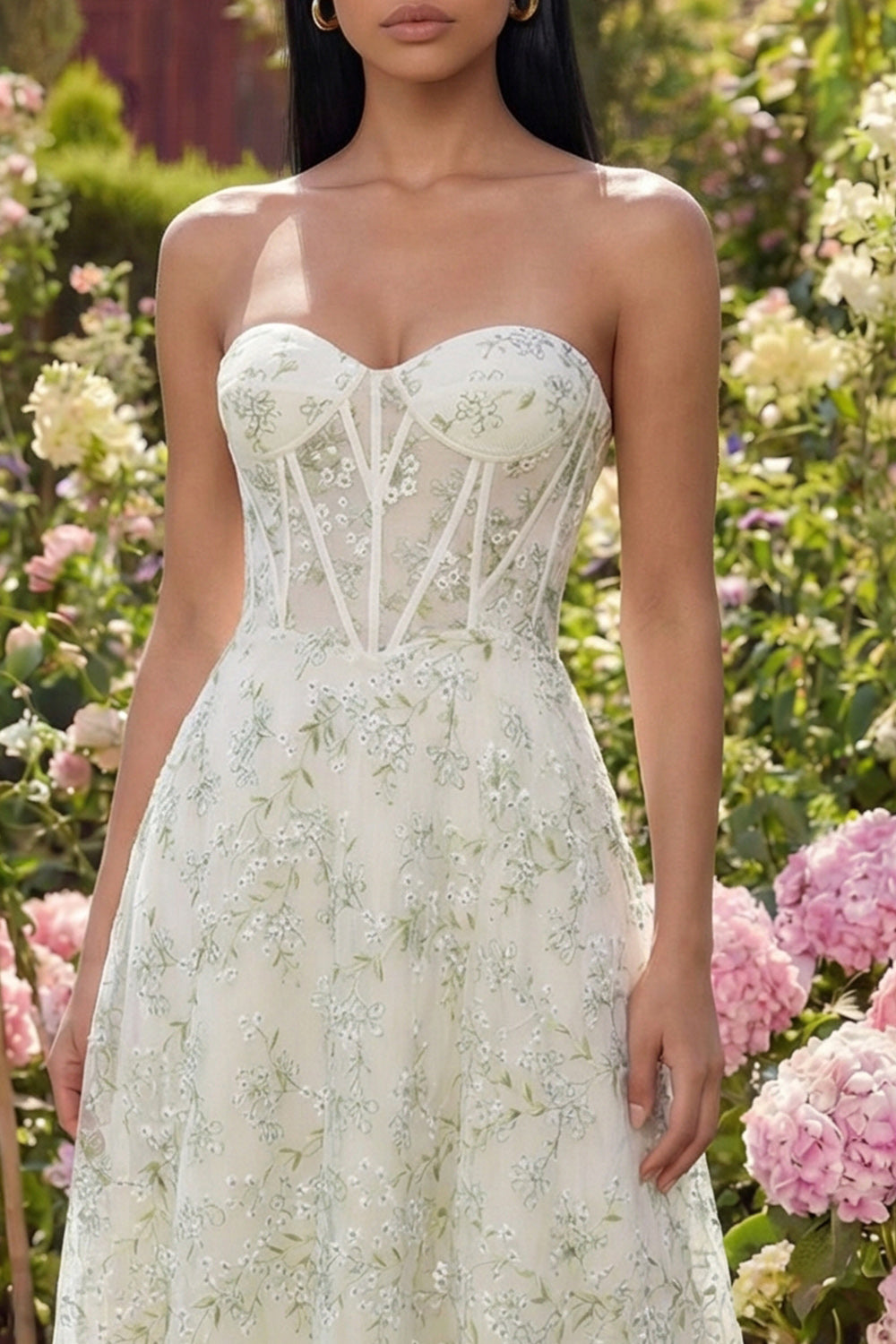 Light Green Sweetheart A Line Long Corset Floral Wedding Guest Dress