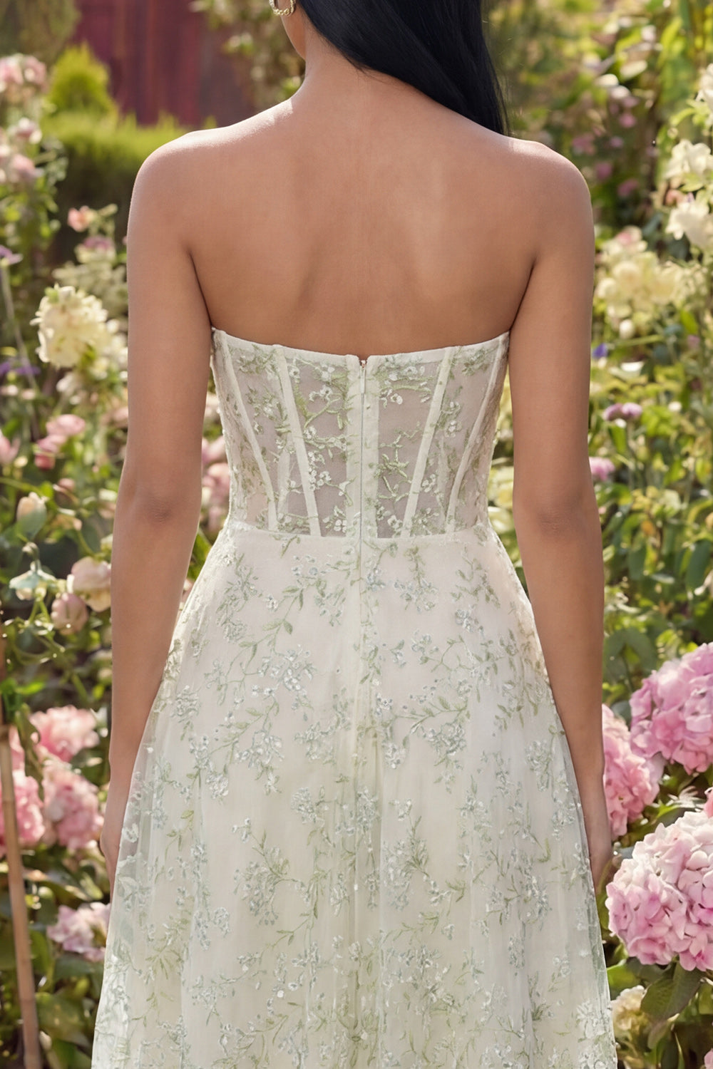 Light Green Sweetheart A Line Long Corset Floral Wedding Guest Dress