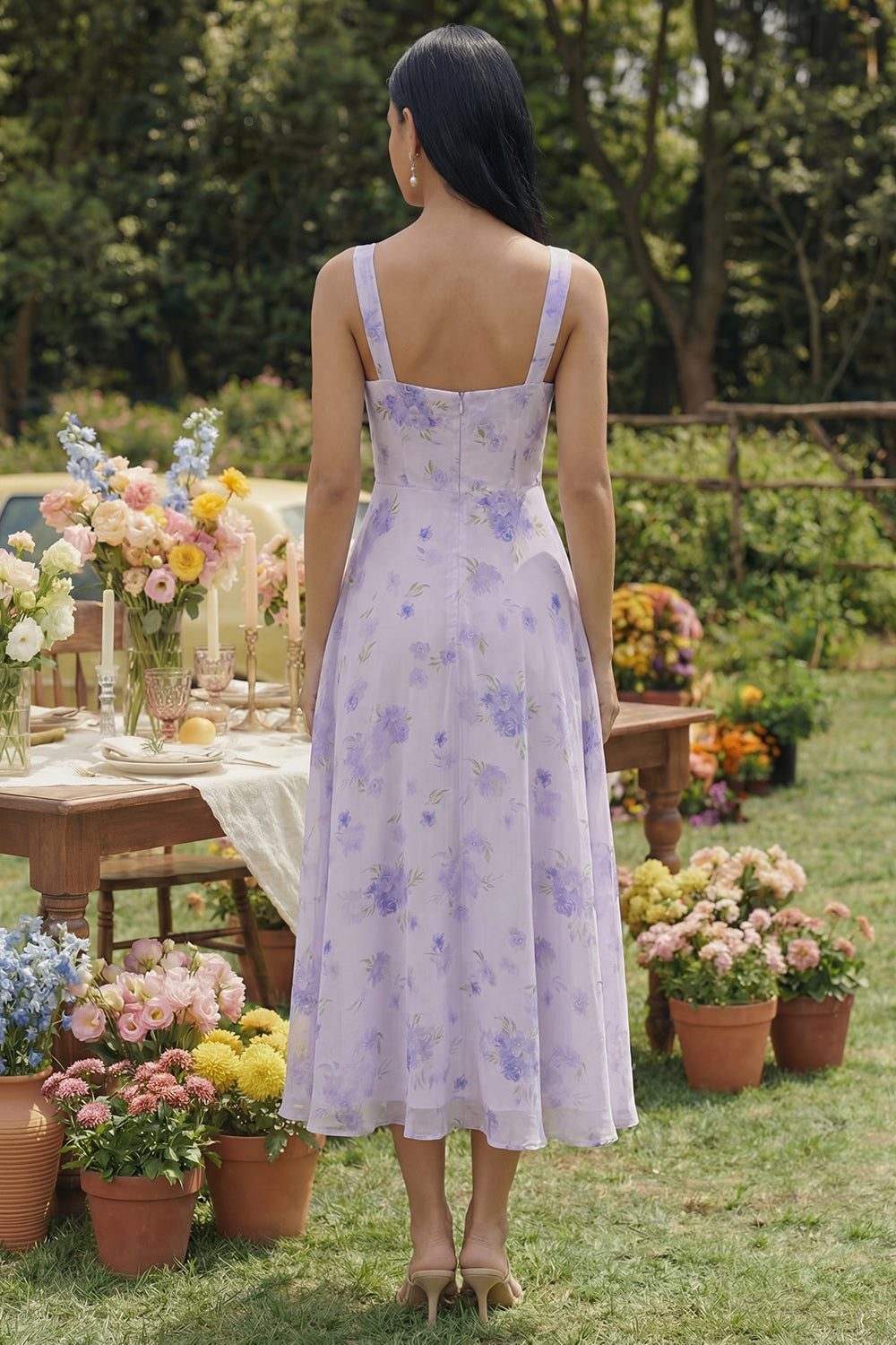 Lilac Floral A Line Square Neck Long Wedding Guest Dress