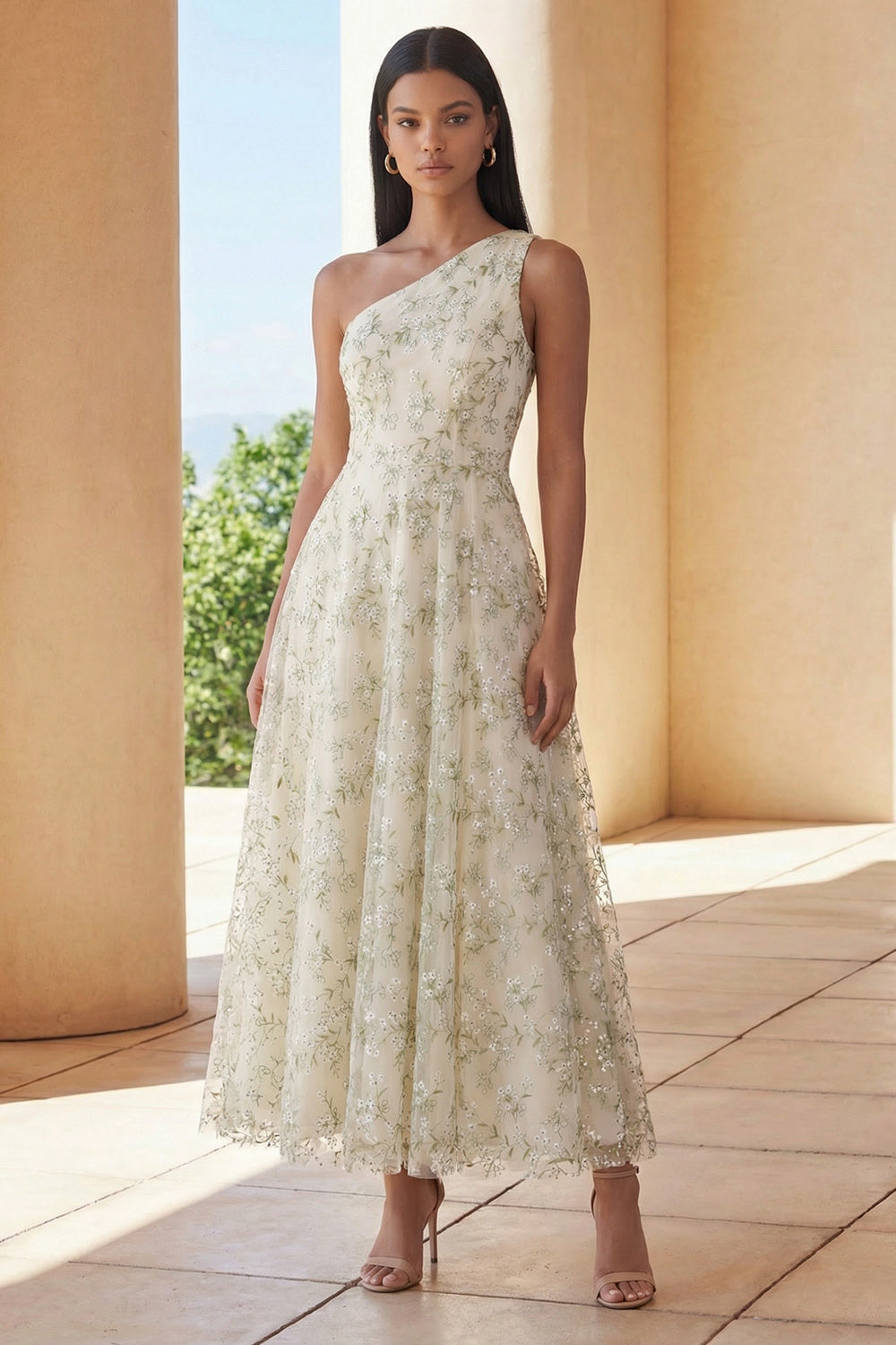 One Shoulder Light Green Floral A Line Long Wedding Guest Dress