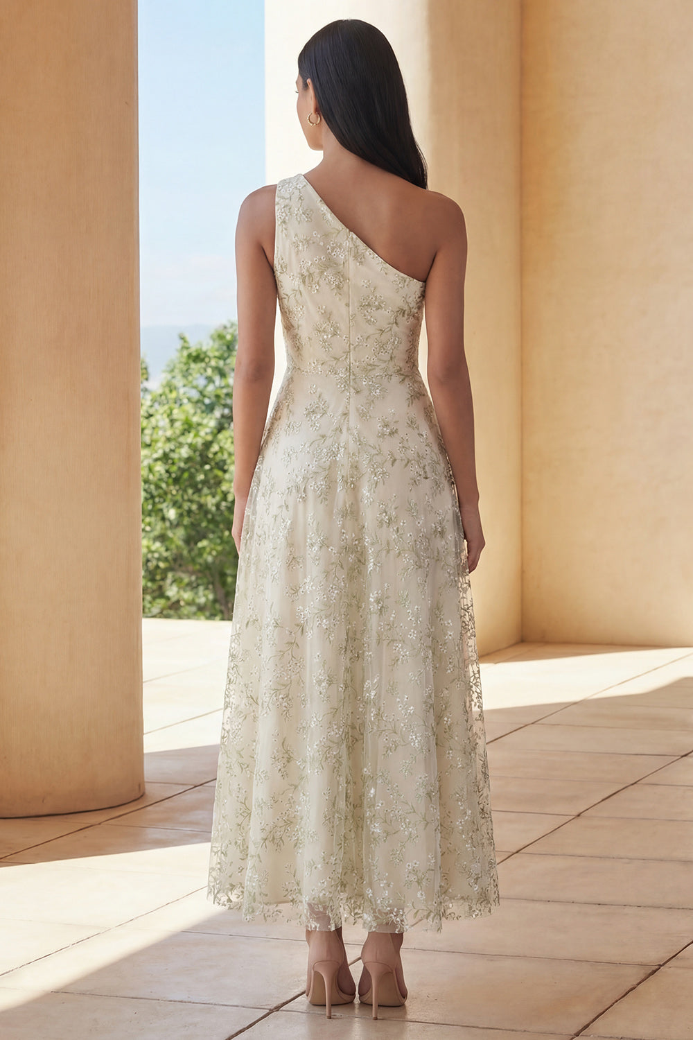 One Shoulder Light Green Floral A Line Long Wedding Guest Dress