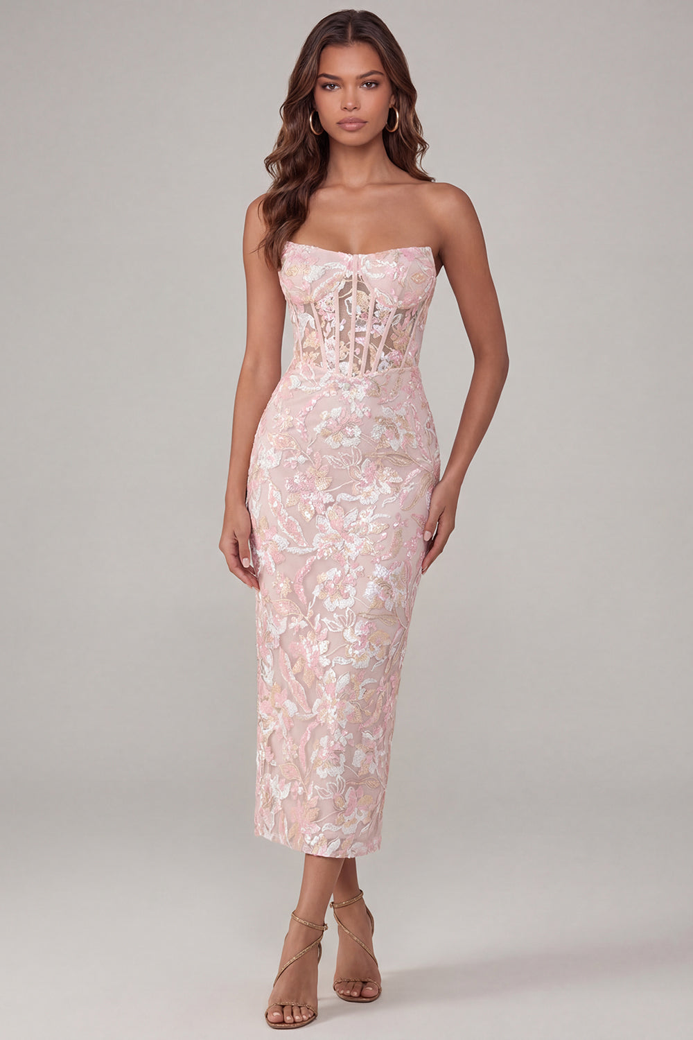 Sparkly Pink Floral Lace Strapless Long Corset Wedding Guest Dress
