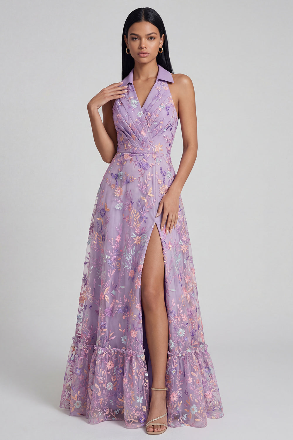 Lilac Floral A Line Shirt Collar Ruched Long Wedding Guest Dress with Slit