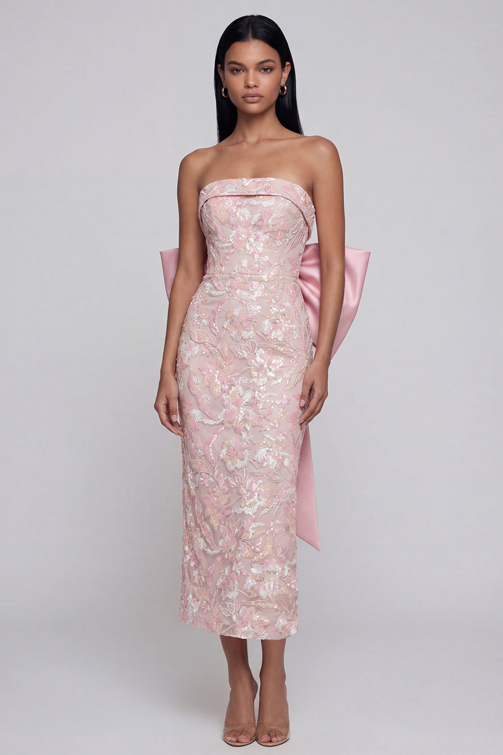 Sparkly Pink Floral Lace Strapless Long Wedding Guest Dress with Bow