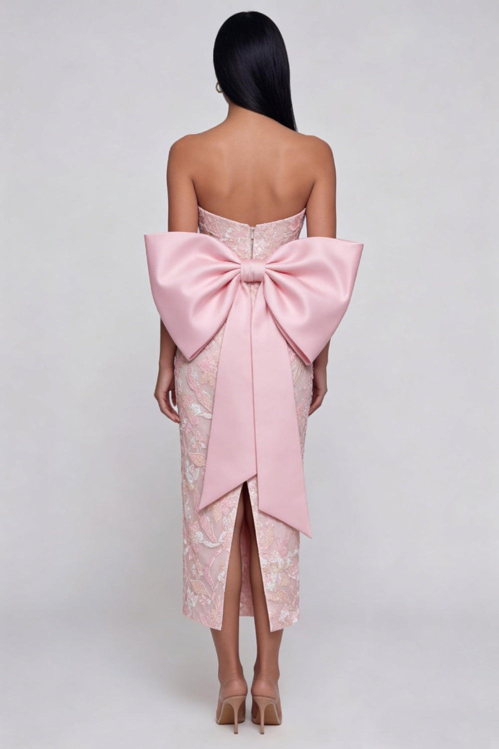 Sparkly Pink Floral Lace Strapless Long Wedding Guest Dress with Bow