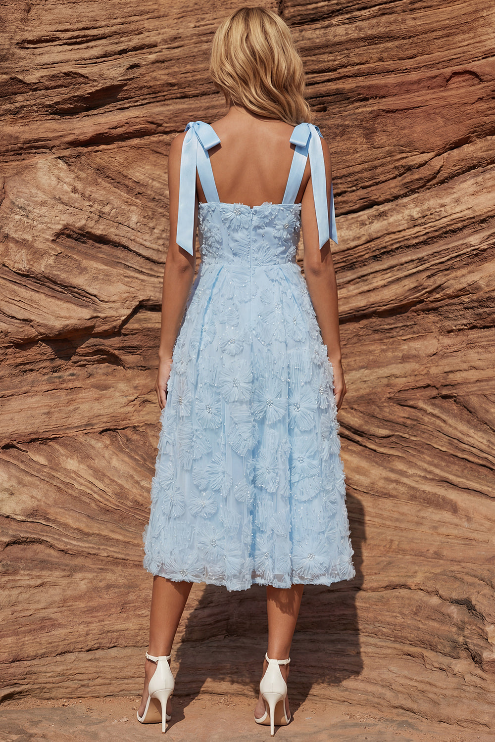 Sparkly Sky Blue Floral A Line Beaded Long Prom Dress with Bows