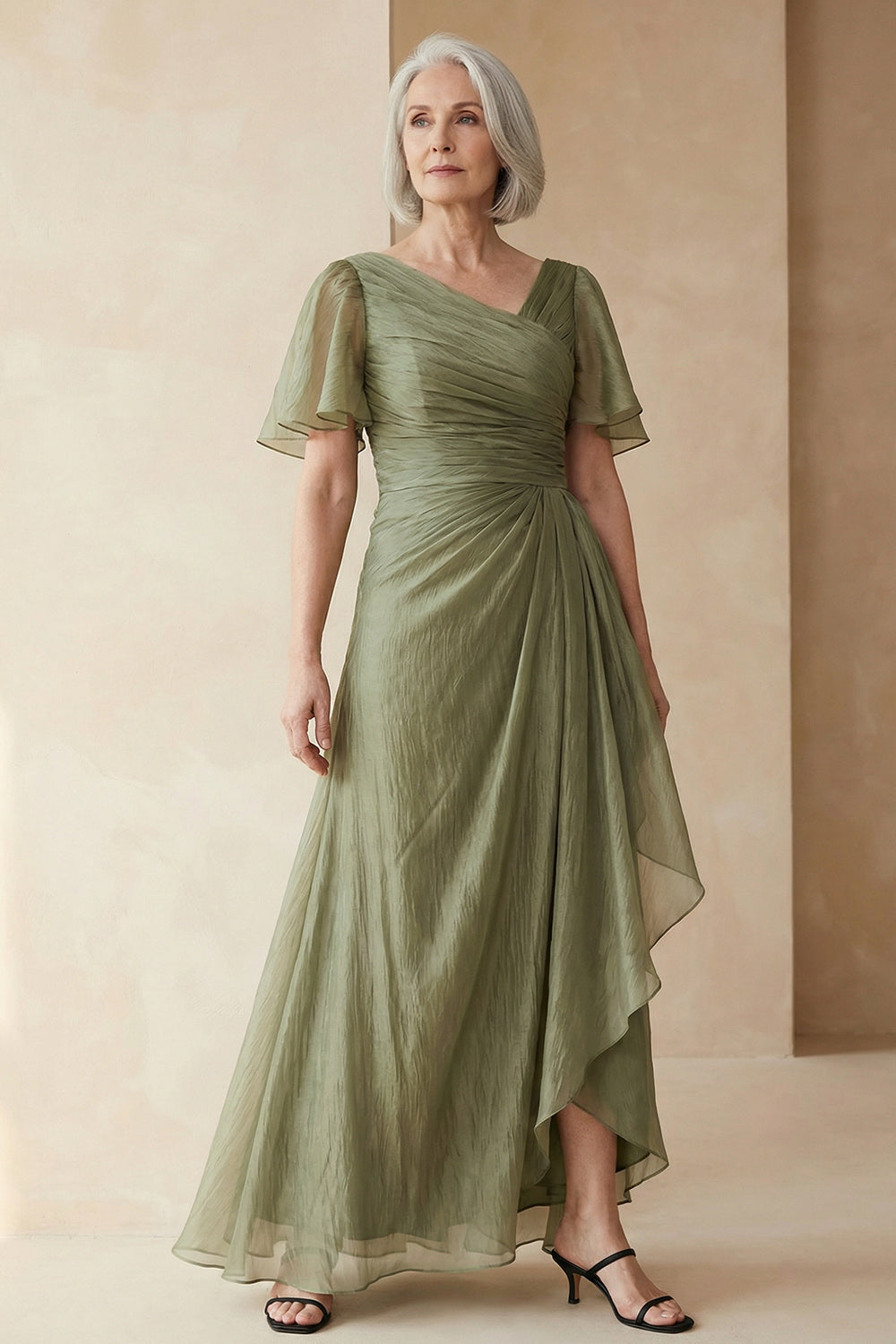 Dusty Sage A Line Long Wedding Guest Dress with Sleeves