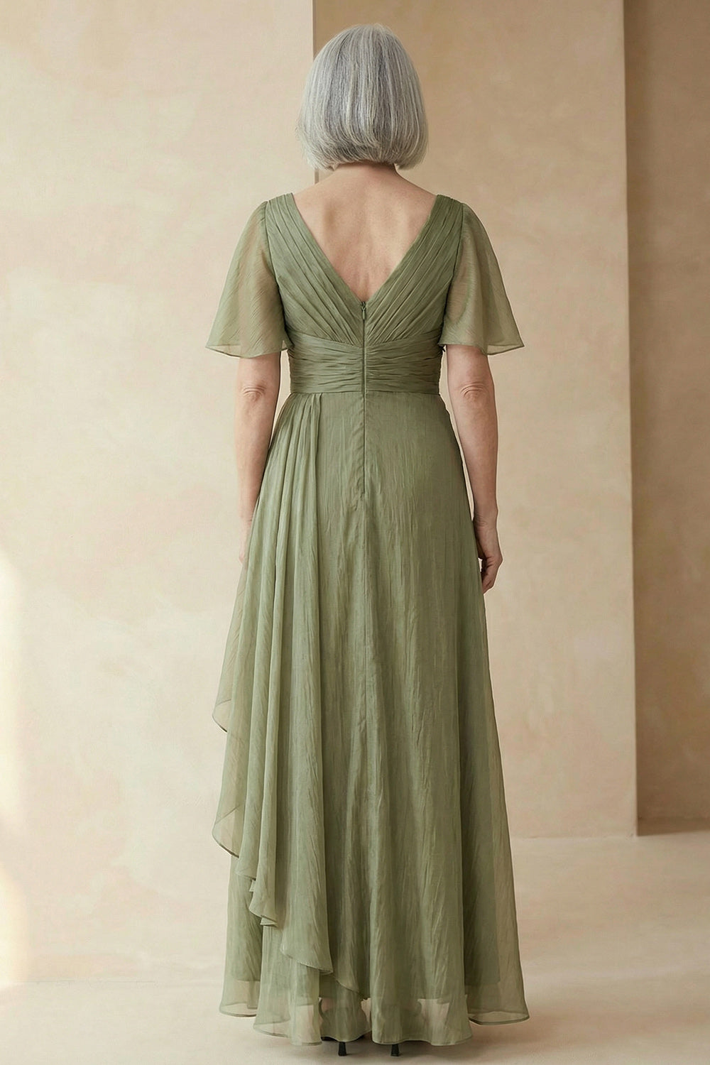 Dusty Sage A Line Long Wedding Guest Dress with Sleeves
